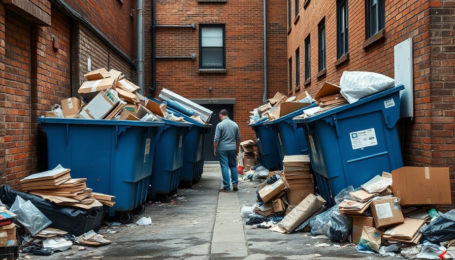 Urban alley scene during Boston Trash Strike with overflowing dumpsters.