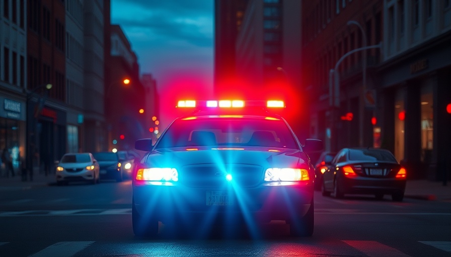 Flashing police lights on a car, city nighttime setting.