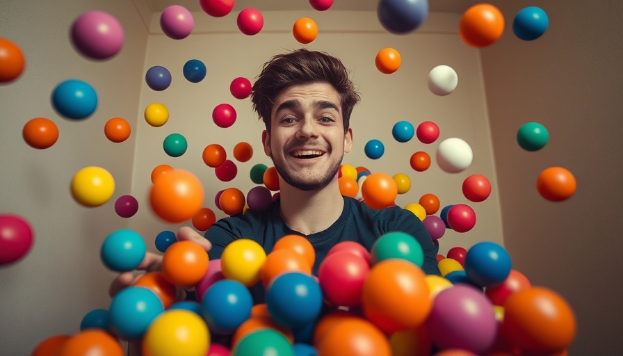 Playful young man juggling colorful balls, representing Algospeak and language evolution.