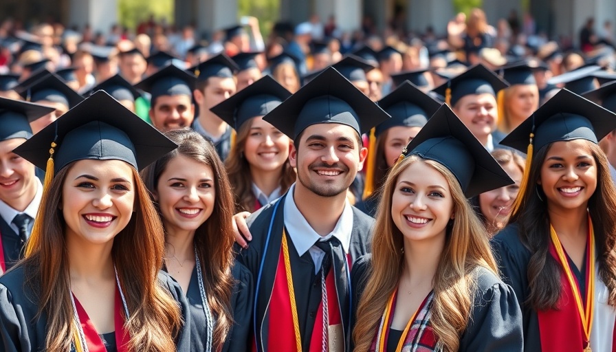 Graduating students with decorated caps in outdoor ceremony.