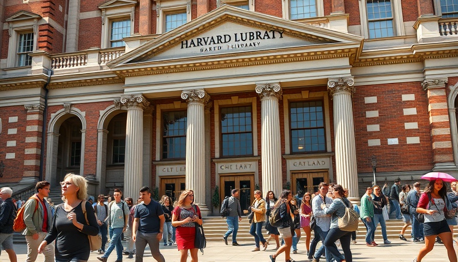 International students impact at Harvard, library facade scene.