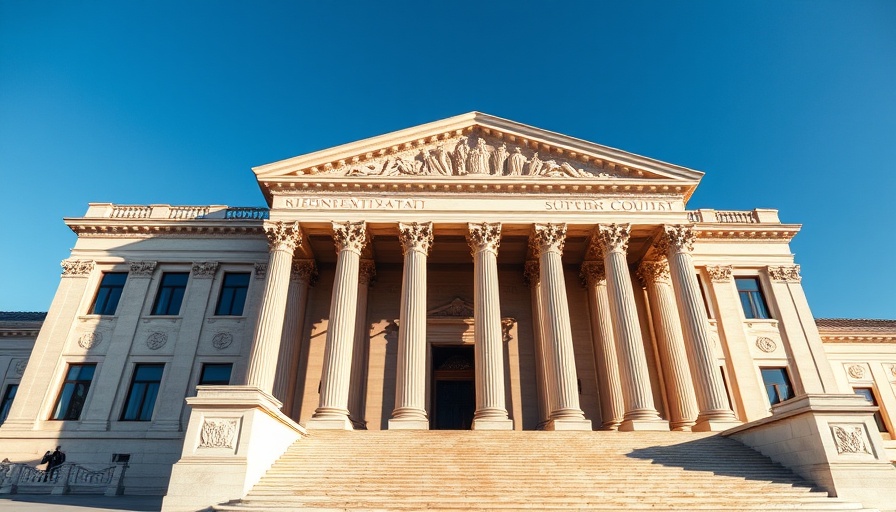 Supreme Court building under blue sky, showcasing grand architecture.