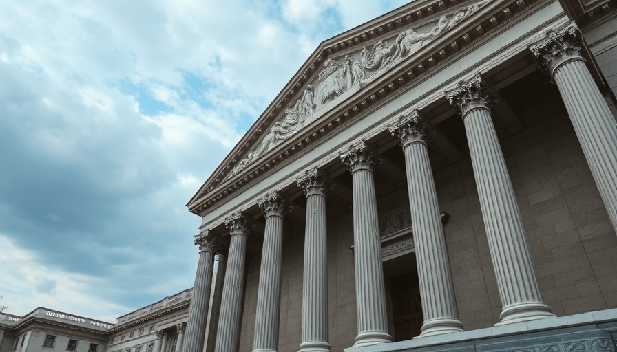 Majestic classical court facade with columns under cloudy sky.