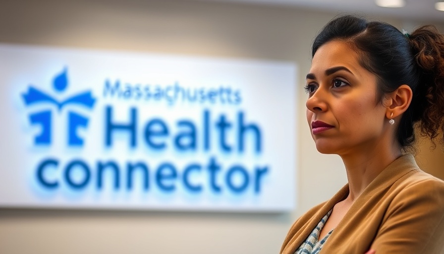 Woman in front of Massachusetts Health Connector logo, contemplating health safety net.
