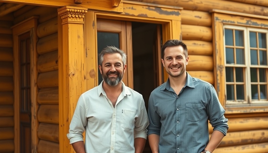 Men standing in front of historic yellow house, smiling casually.