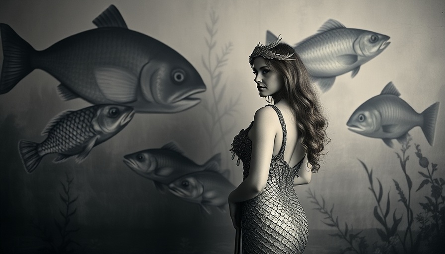 Vintage photo of woman in mermaid costume with aquatic mural.