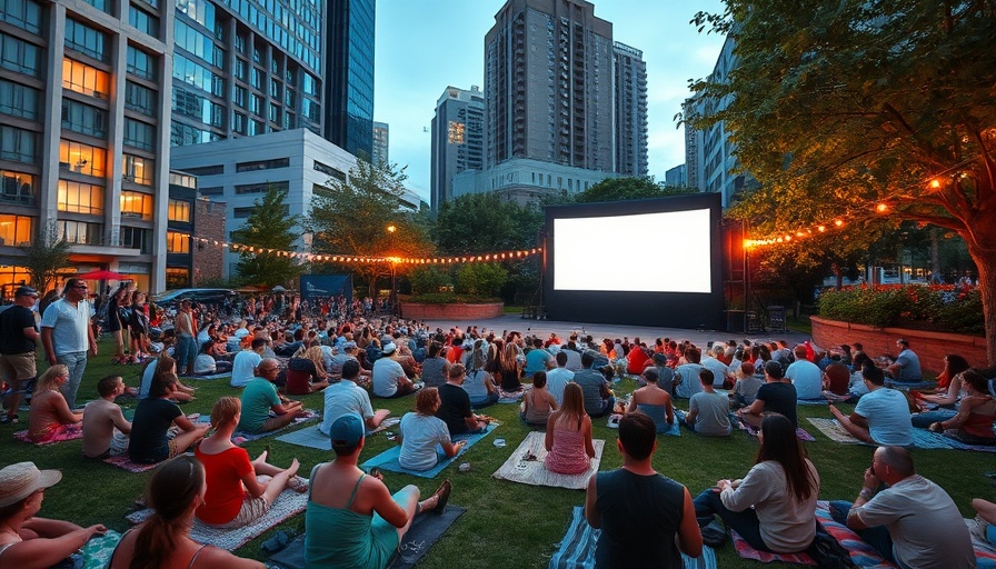Outdoor movie screening in Boston park, vibrant July evening.