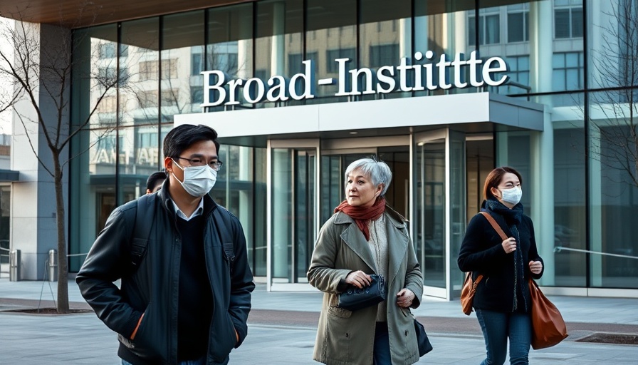 Broad Institute entrance with masked pedestrians amid layoffs.