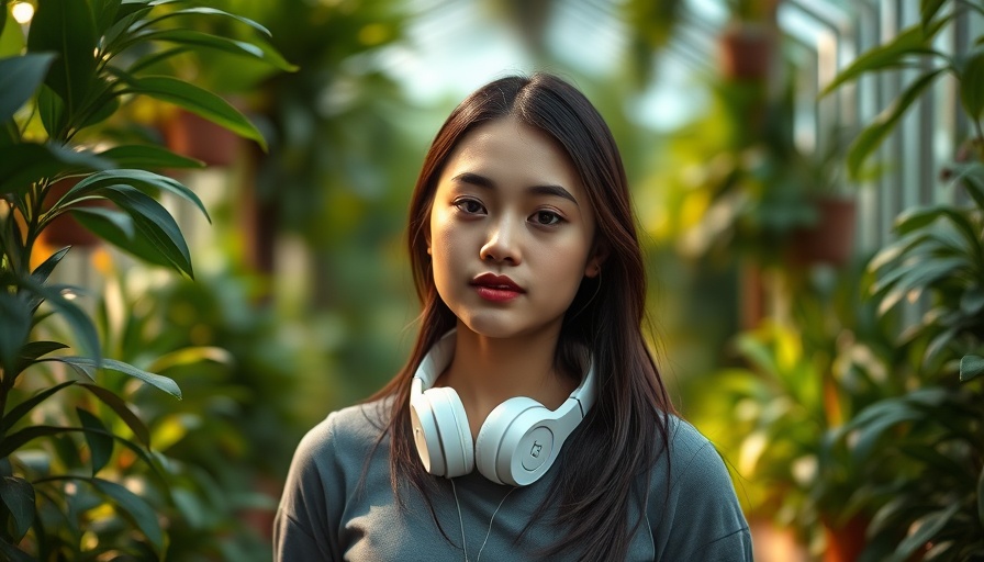 Harvard researcher with headphones in greenhouse, soft lighting.