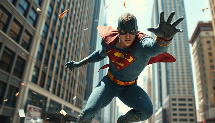 Superhero deflecting debris in city scene, cinematic style