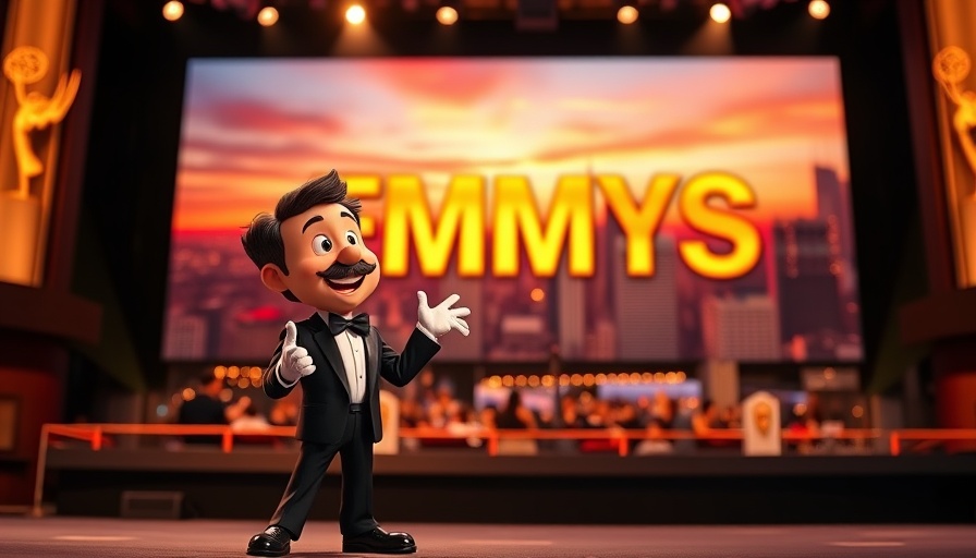Cartoon character on 2025 Emmy stage with city backdrop.