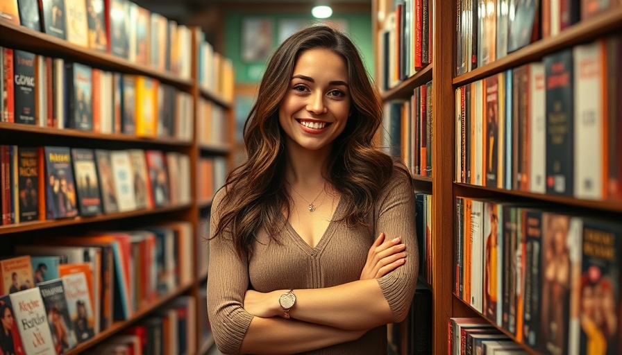 Woman in new romance bookstores, smiling warmly, surrounded by books.