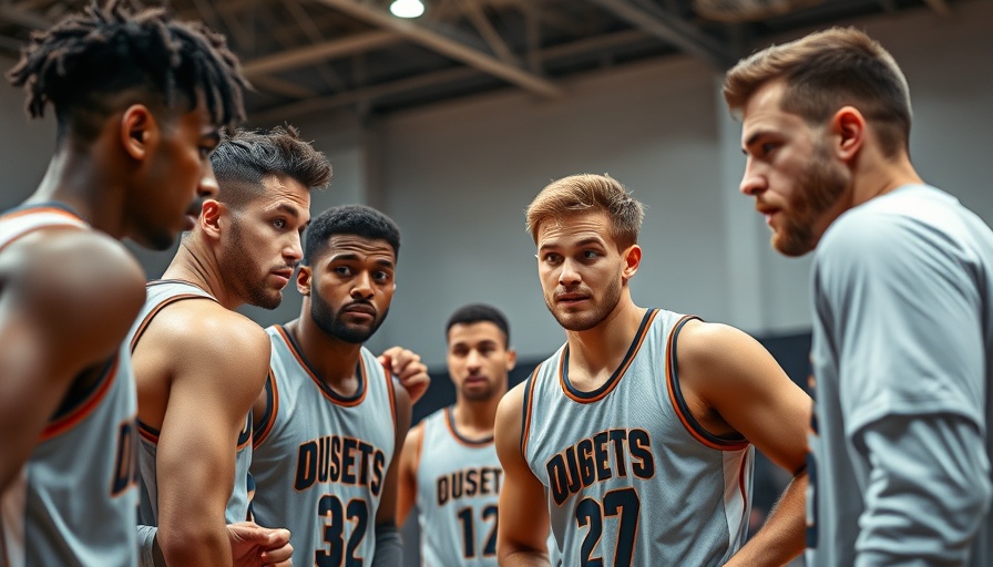 Basketball team strategizing play during a game.