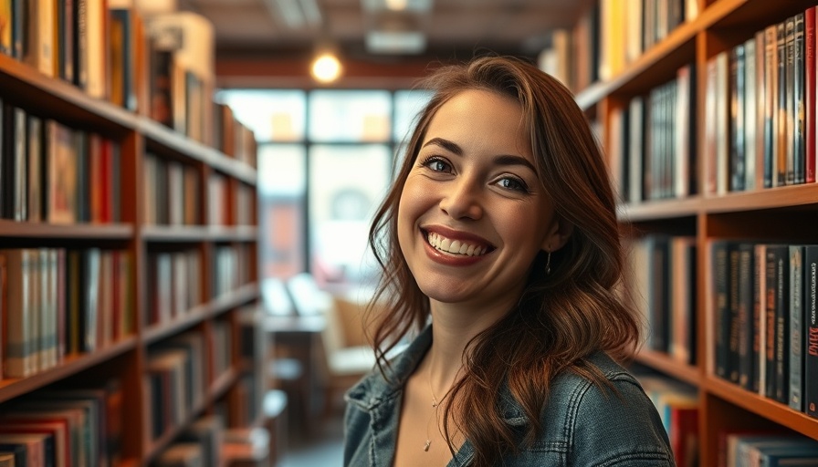 Woman in cozy romance bookstore, smiling warmly against book-lined shelves.