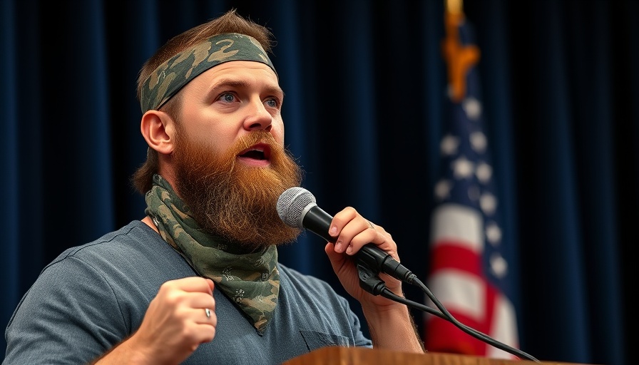 Bearded man with camo bandana speaks into microphone, Phil Robertson Duck Dynasty