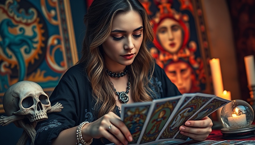 Belief in astrology: Woman reading tarot cards in a colorful setting.