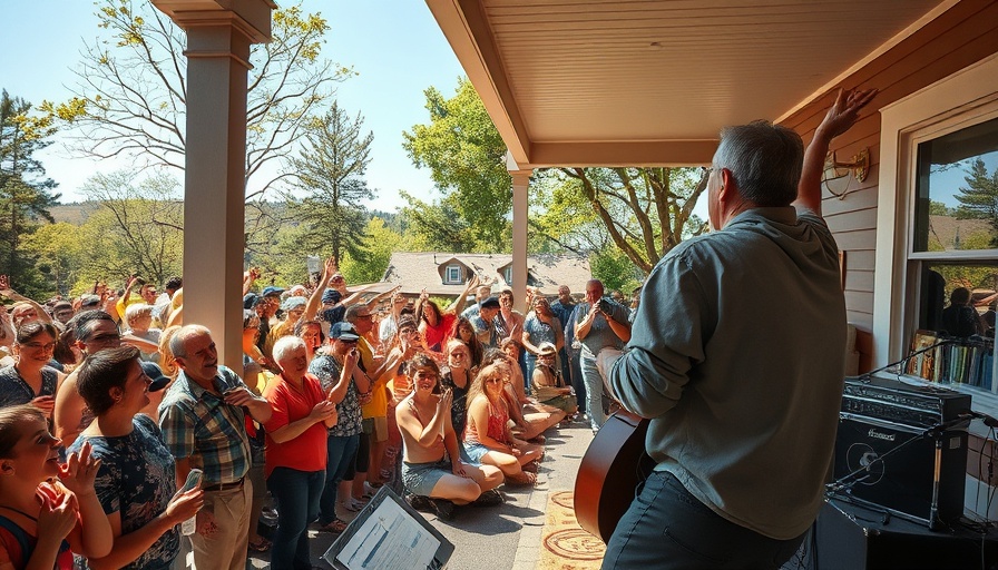 Cambridge Porchfest vibrant outdoor concert with a lively crowd.