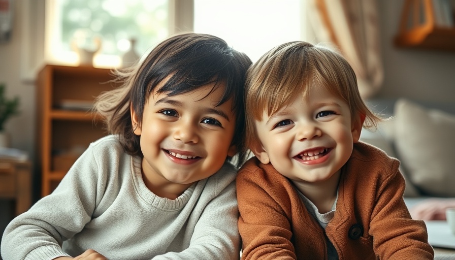 Two children smiling indoors, warm sunlight through window.