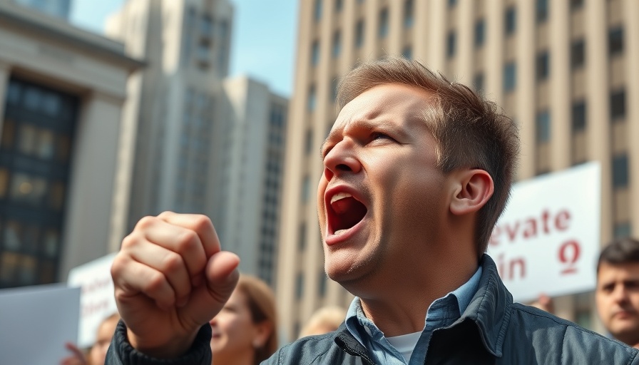 Speaker at protest rally with raised fists in urban setting.