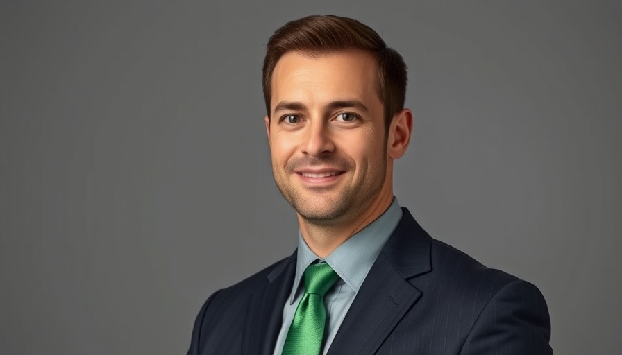 Portrait of a man in a suit and tie, smiling, with a gray background.
