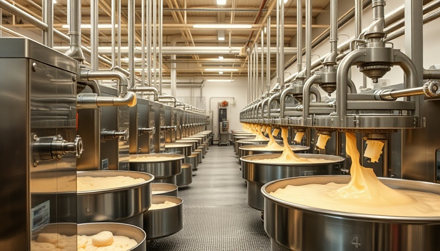 Cheese processing at a dairy facility, showcasing America's protein obsession and dairy transformation.