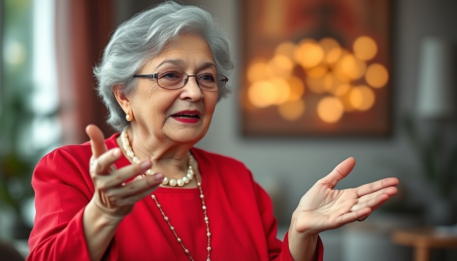 Elderly woman gesturing in red outfit, shining stage lights.