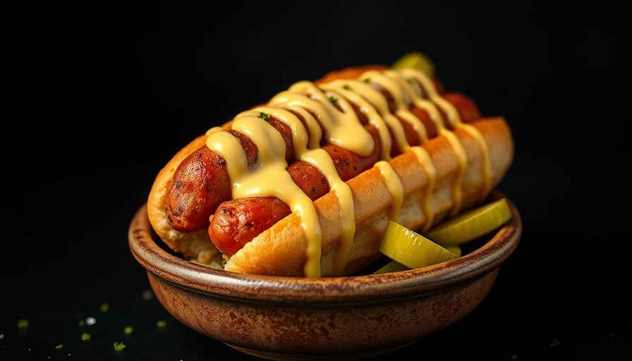Gourmet hot dog in Boston with cheese sauce and pickles.