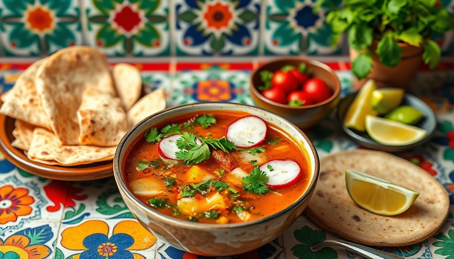 Traditional Mexican Pozole with garnishes at Boston restaurant.