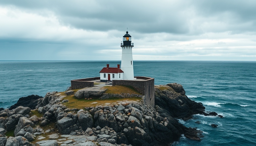 Stark historic lighthouse on rocky coastline near NH Coast.