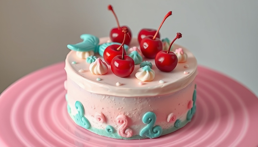Colorful mermaid-themed cake with cherries and pastel icing.