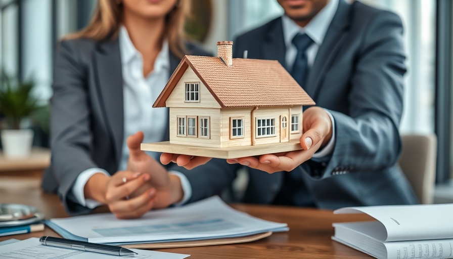 Contract insurance discussion in office setting with model house, business focus.