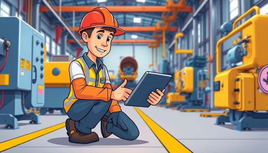Stylized technician checking equipment in an industrial setting.