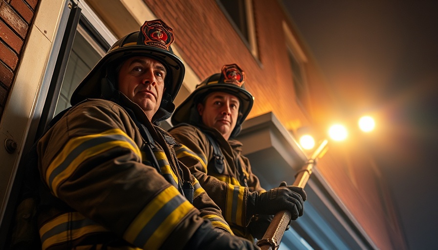 Firefighters climbing a ladder during a night rescue, illustrating fire safety.