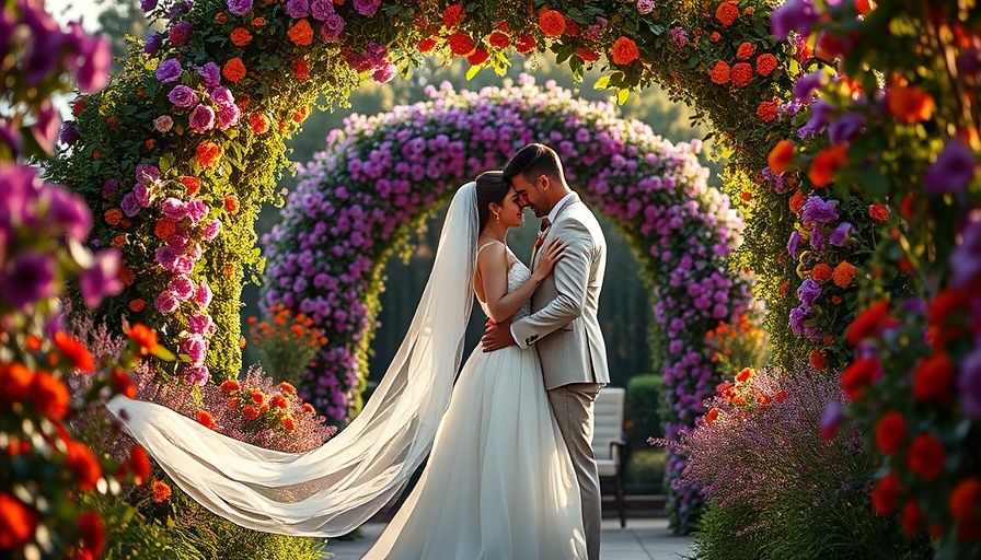 Wellesley Garden Wedding with a couple embracing under a floral arch.