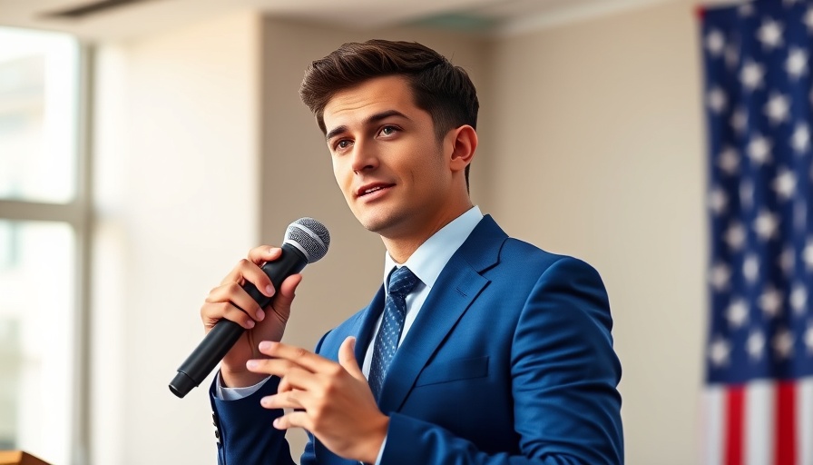 Young man discusses AI voice fraud in banking with a microphone, American flag in the background.