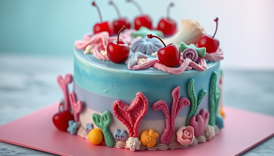 Mermaid-themed cake at Daily Provisions Boston with cherries on top.