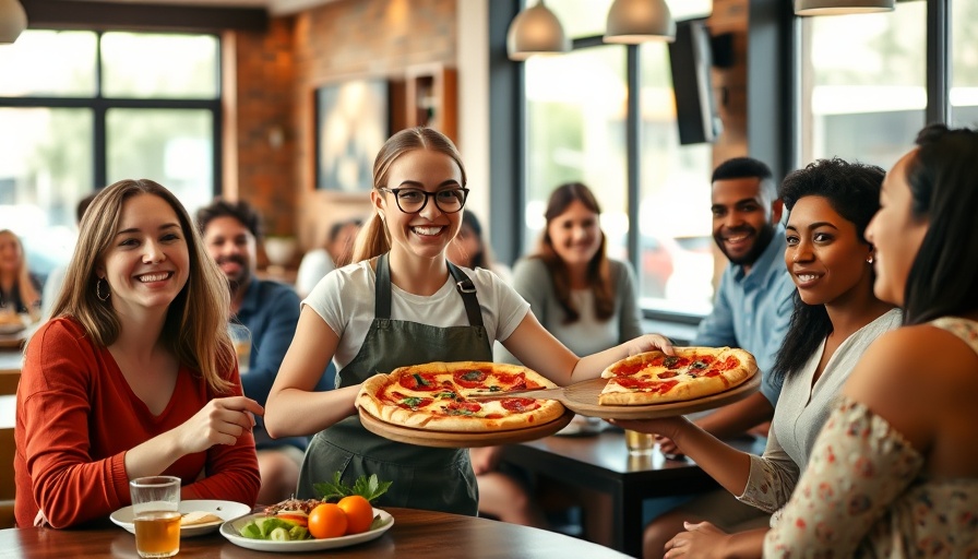 Friendly cafe scene: group of friends with pizza, highlighting Affordable Benefit Solutions for Small Businesses.