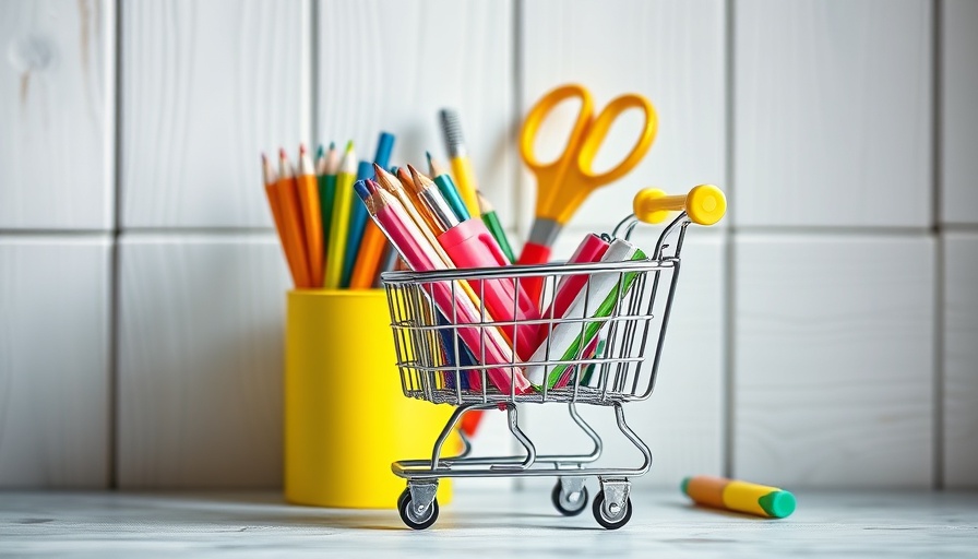 Back-to-School Shopping Season: Mini cart with school supplies.