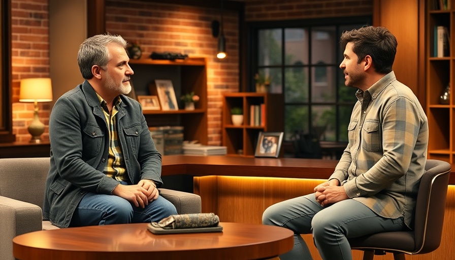 Casual talk show scene with three men talking.