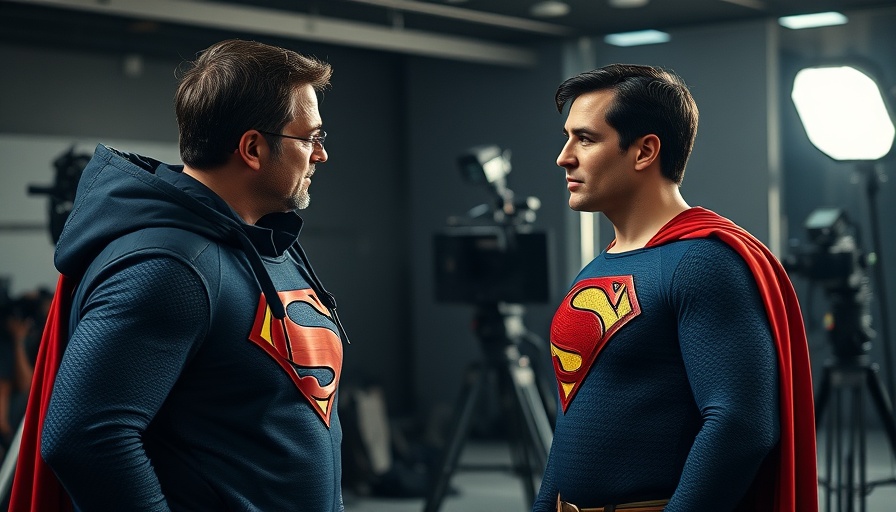 Superman actor and director on film set, cinematic discussion.