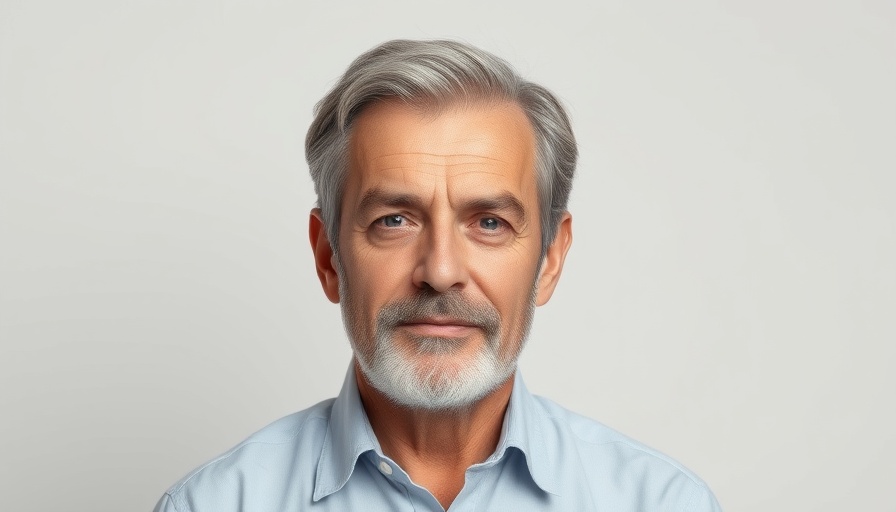 Neutral expression older man portrait, grayscale aesthetic.