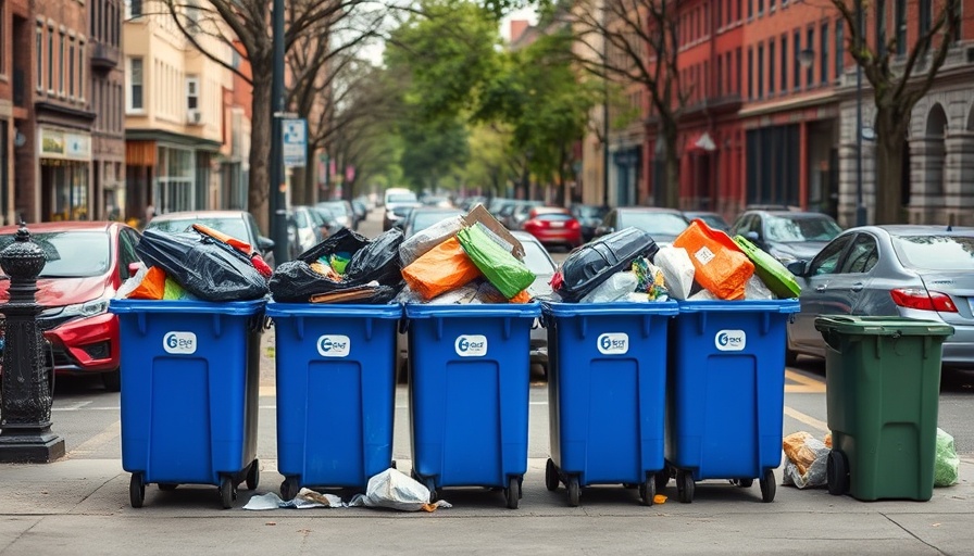 Overflowing trash bins during Boston trash strike on city sidewalk.