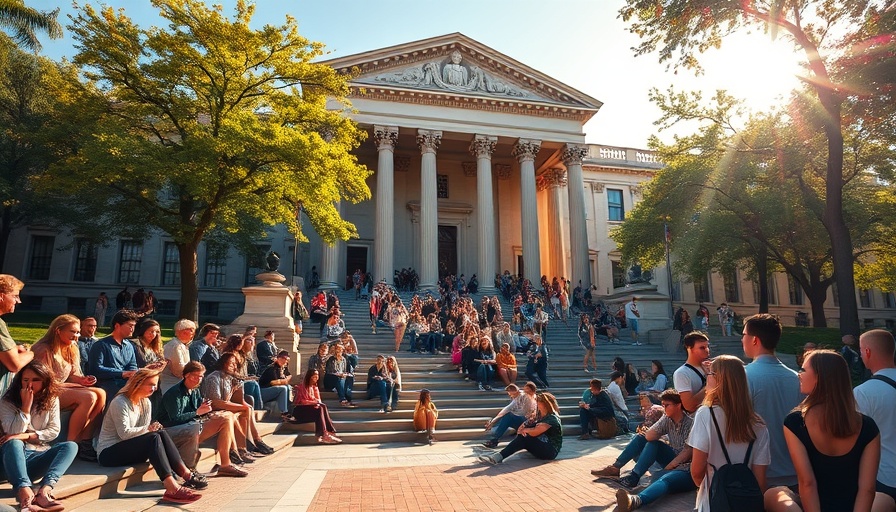 Students on steps of Columbia University building enjoying a sunny day.