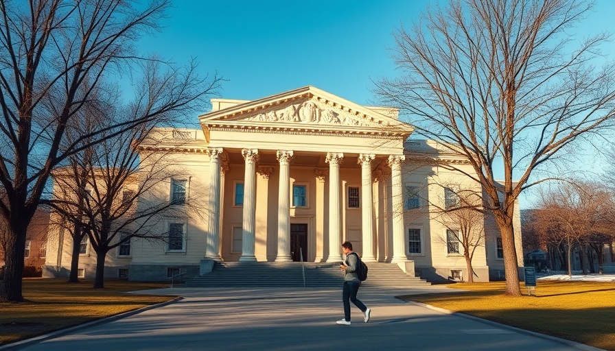 Massachusetts college building with 5-star ratings, student walking outside.