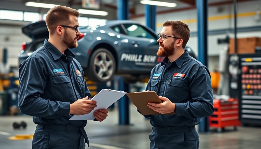 Mechanics discussing fleet maintenance success steps in workshop.