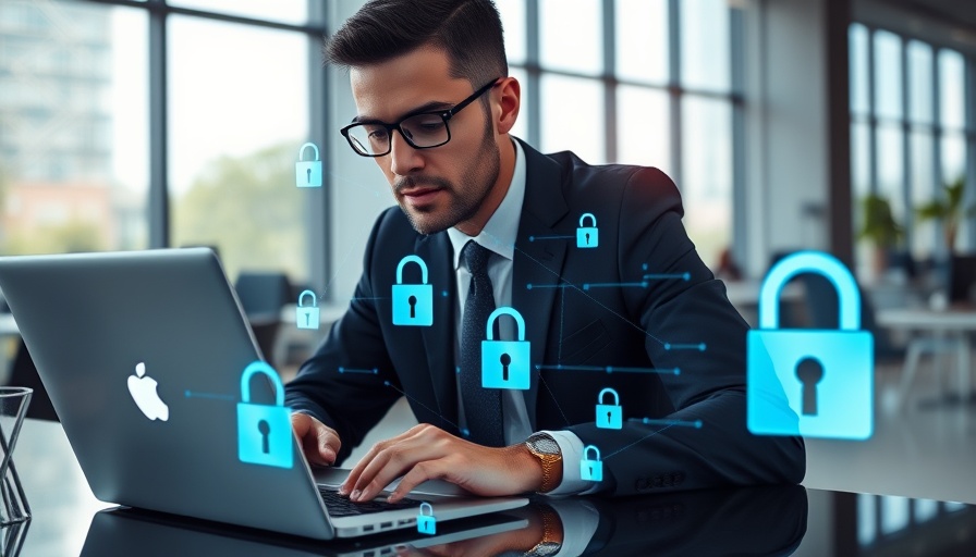 Businessman engaged in cybersecurity testing with digital lock overlay.