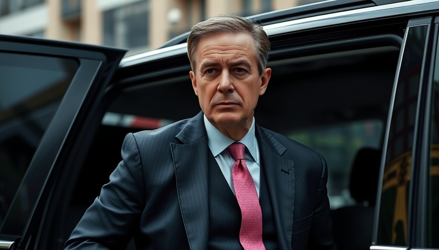 Mature man in dark suit stepping out of vehicle in daylight