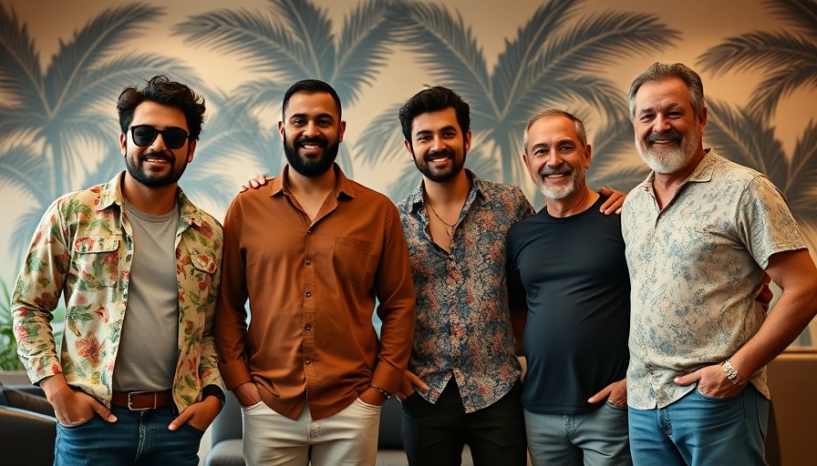 Group photo with a tropical backdrop illustrating camaraderie.