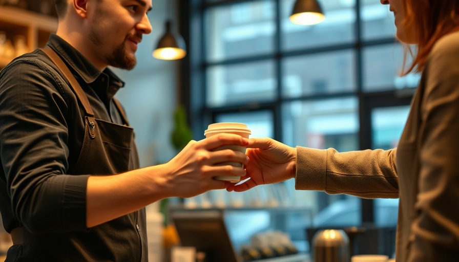 Barista handing coffee to customer, showcasing POS experience.