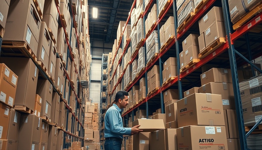 Warehouse with stacked boxes and industrious worker managing store inventory systems.